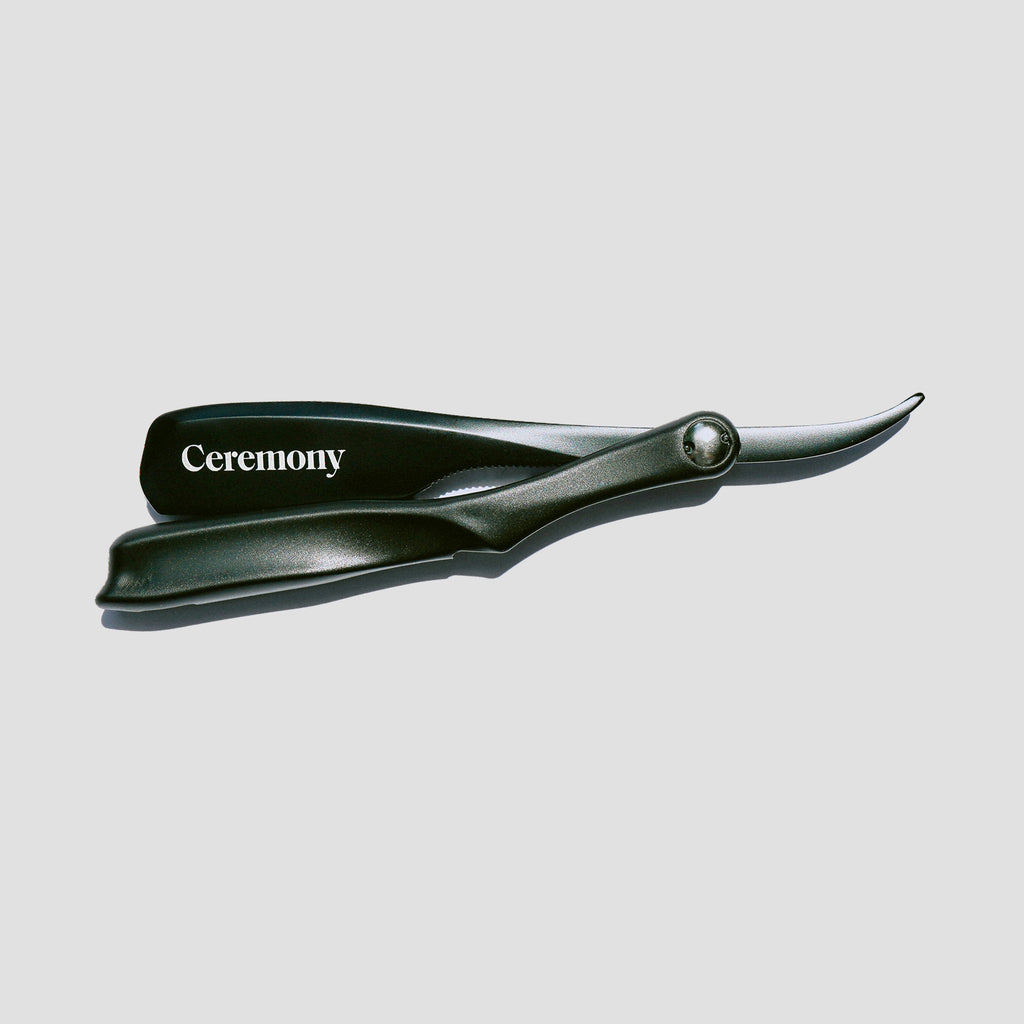 Ceremony 6-inch folding razor with black stainless steel arm and slim ABS handle, lightweight barber tool for precision shaving