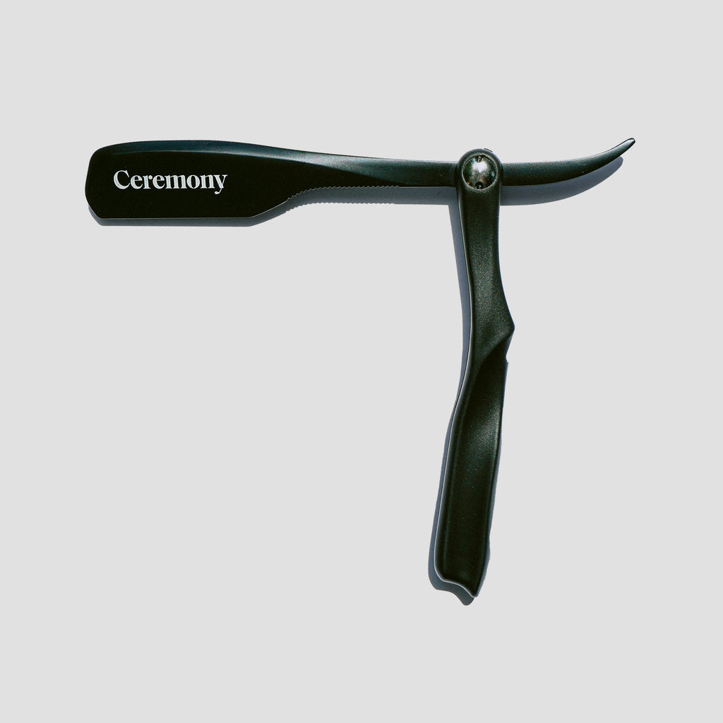 Ceremony 6-inch folding razor unfolded with black stainless steel blade arm and slim ABS handle for barber shaving precision