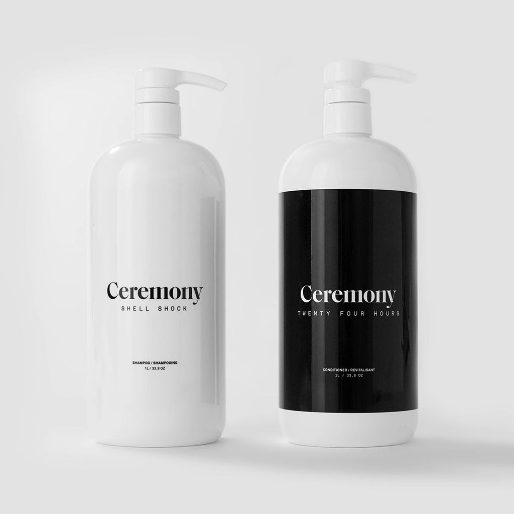 Ceremony Shell Shock shampoo 1 Litre and Twenty Four Hours conditioner 1 Litre bundle, two bottles side by side