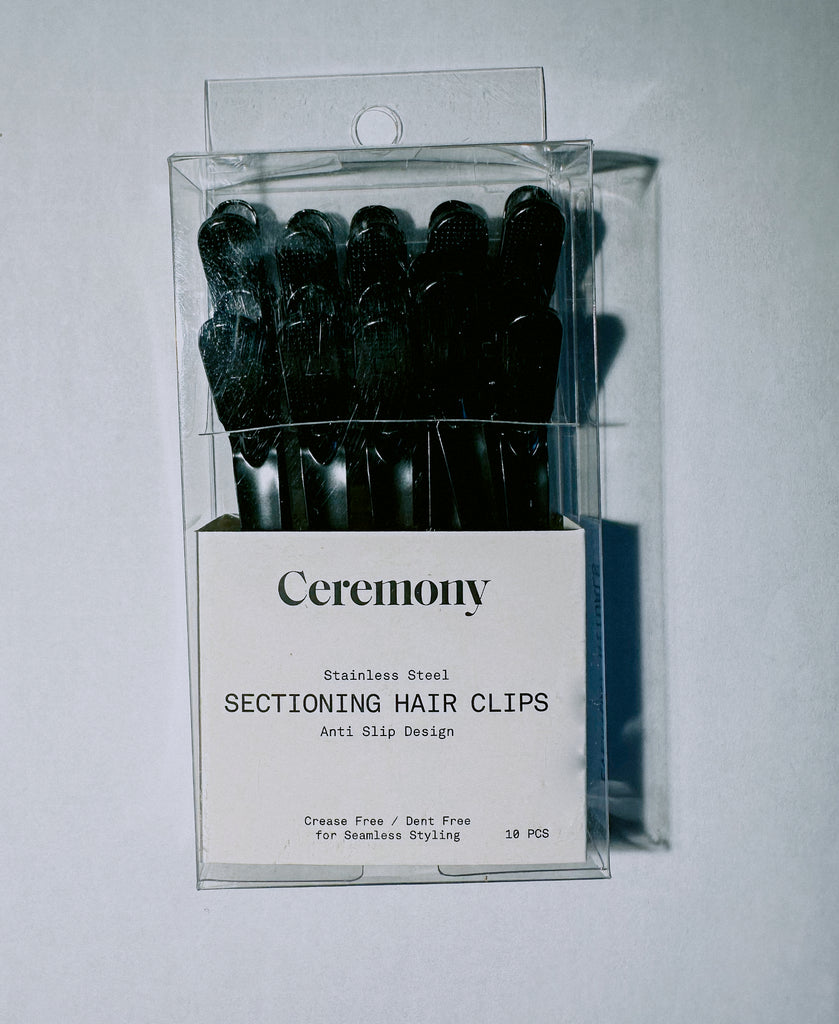 Black stainless steel sectioning hair clips 10-pack by Ceremony, anti-slip, crease-free, ideal for salon or home styling