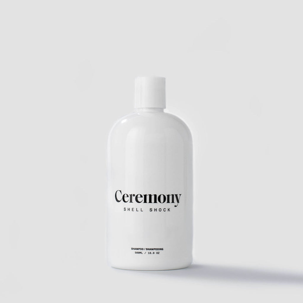 White 500 ml pump bottle of Ceremony Shell Shock Shampoo