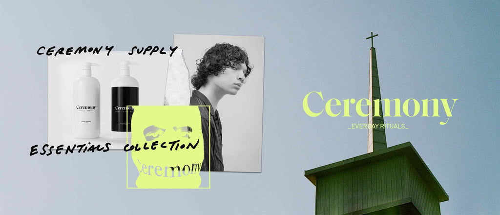 Ceremony Essentials Collection featuring hair care products, model, and modern branding with church steeple backdrop